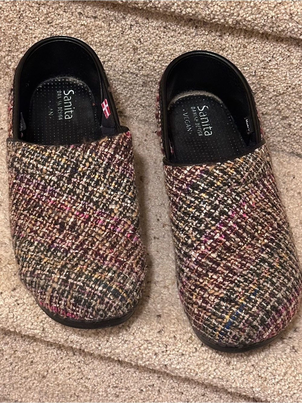 Sanita Tweed Slip-On Clogs in Brown, Pink and Black